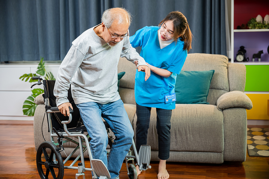 Doctor Support Old Man To Getting Up To Exercise, Help Handicapp Therapy Assistance and Support Workers - Help Man